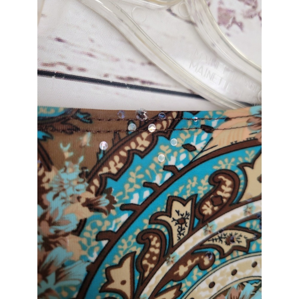Susan Lawrence Peplum Top Paisley Sequin Faux Wrap Bohemian Career Blue Brown M - Picture 9 of 10